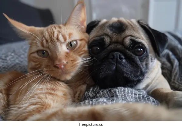 An orange cat and a pug are lying on a gray blanket