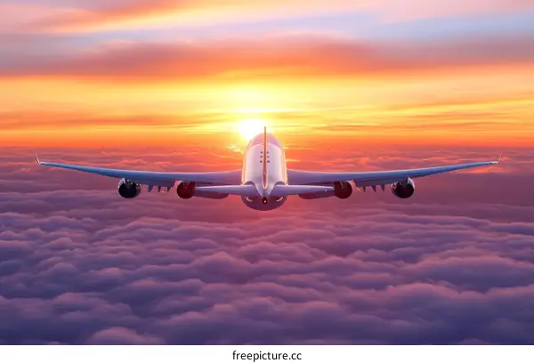 Amazing Airplane Flight Above Colorful Clouds at Sunrise