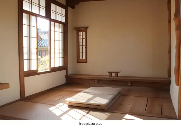 Japanese Style Room with Tatami Mat and Wooden Windows