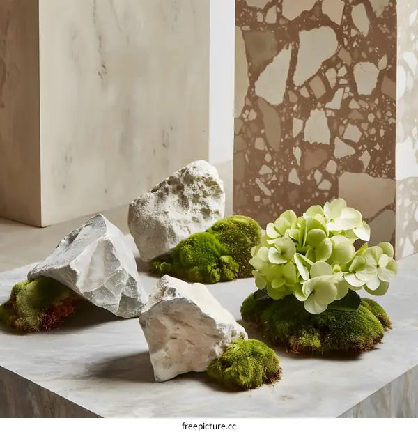 White Stones and Green Moss On Marble Surface