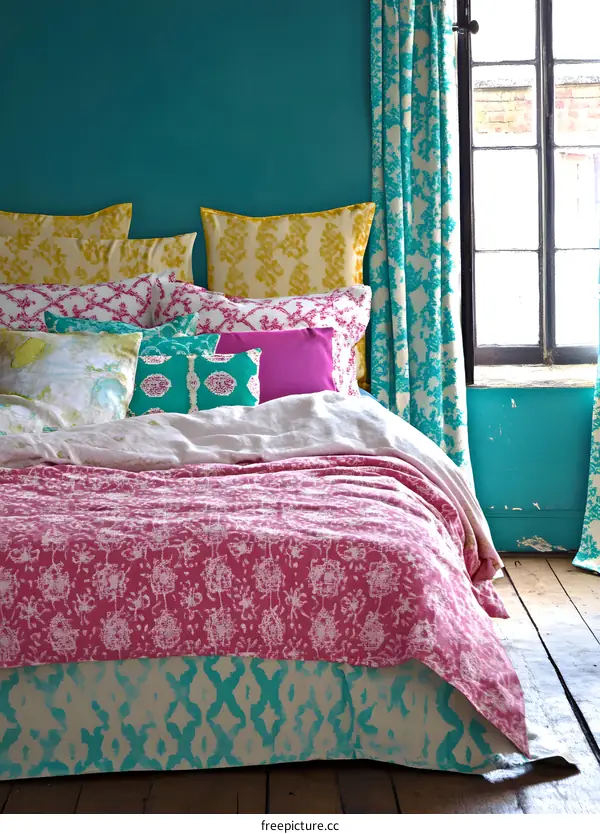 Teal and Pink Bedding with Floral Pattern