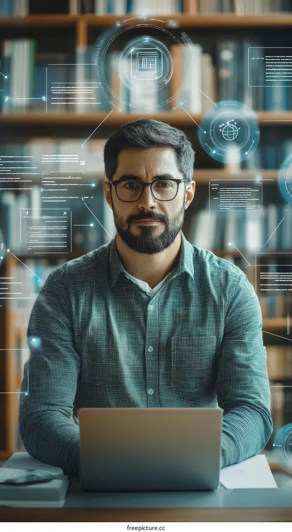 Focused Student with Futuristic Overlay in Library