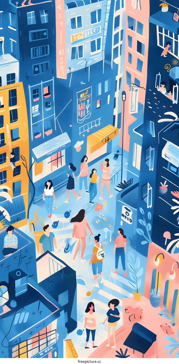 Cityscape Illustration with People Walking on the Street