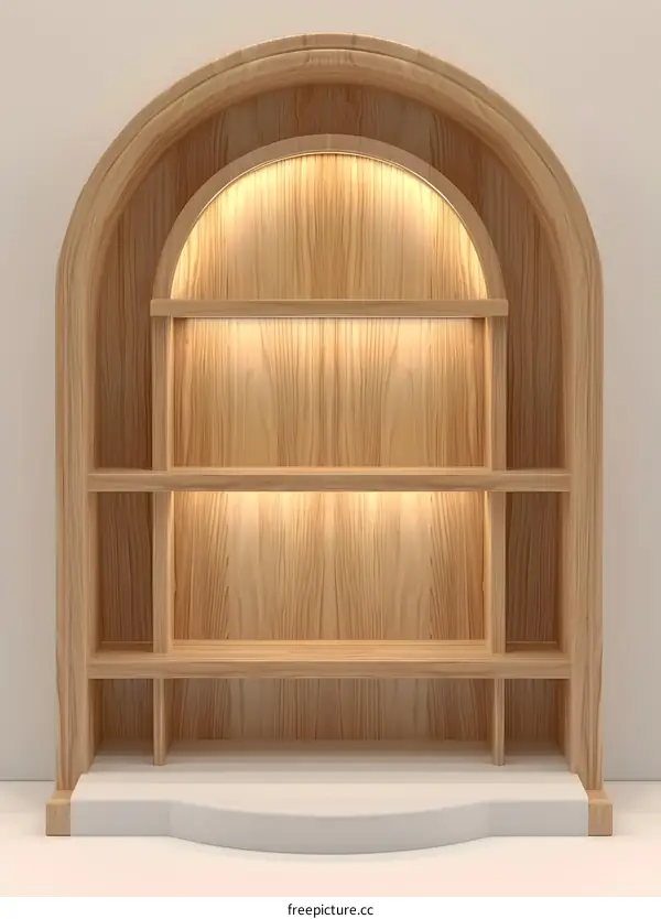 Empty Wooden Shelf With Arched Top And Lights