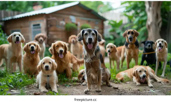 A group of dogs of different breeds posing for a photo