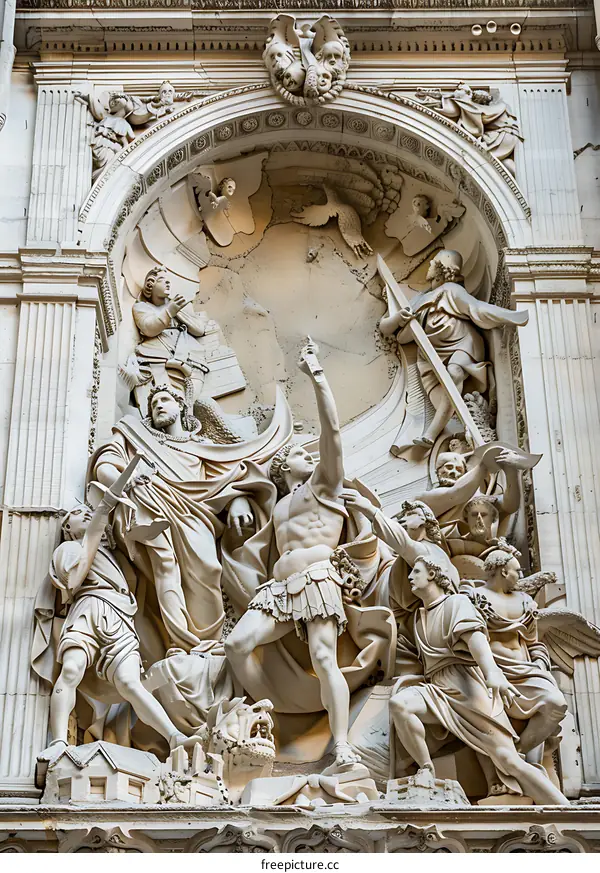 Stone Sculpture of Religious Figures on Church Facade