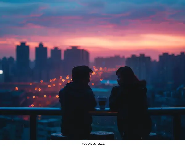 A couple is drinking coffee and talking with the night view of the city in the background.
