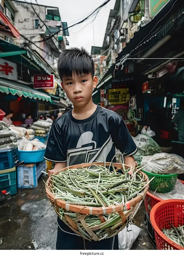 Young Boy Holding Basket of Green Vegetables in Market