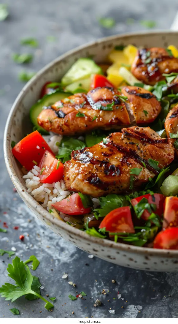 Grilled chicken breast with rice, vegetables and tomato salsa