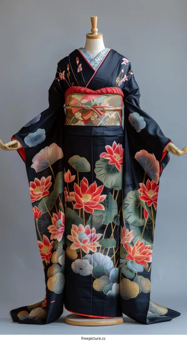 A Japanese Geisha in Black Kimono with Red and Pink Floral Patterns