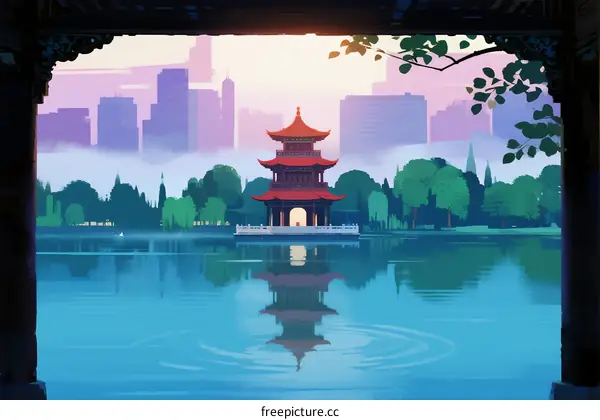 Scenic Pavilion Reflecting in Serene Lake with City Skyline