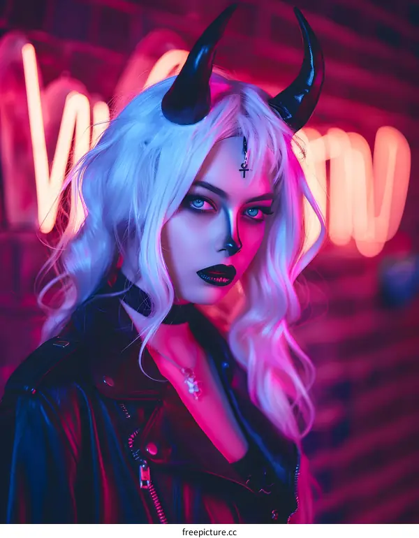 Woman With Horns in Neon Lights