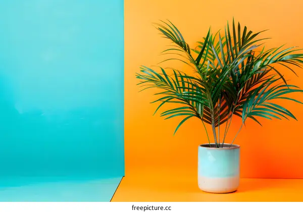 Tropical Green Plant Potted In A Colorful Blue And Orange Background