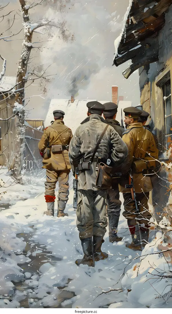 Four soldiers in winter uniform walking down a snowy street