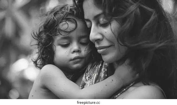 Black and white portrait of a mother and her child