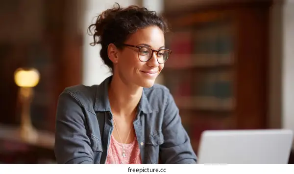 Young Woman Working on Laptop in Library