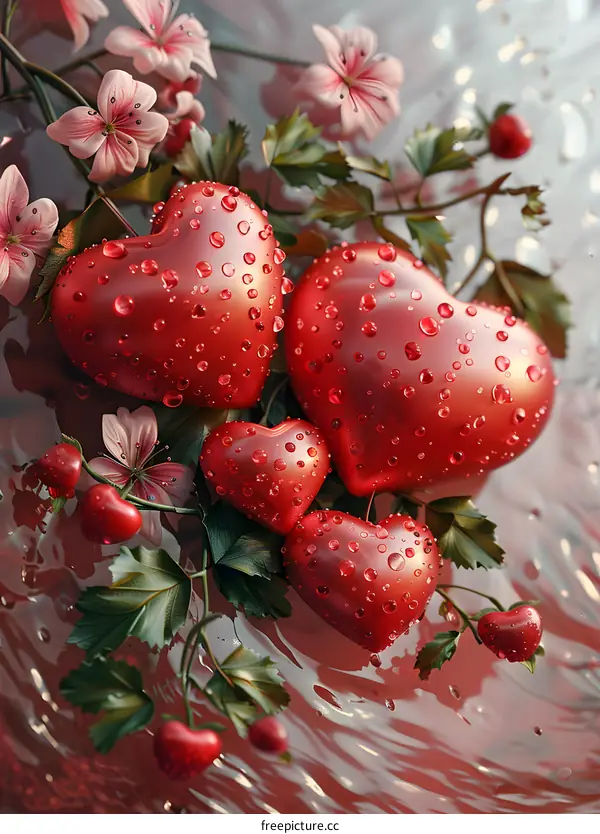 Red heart-shaped gems and cherry blossoms