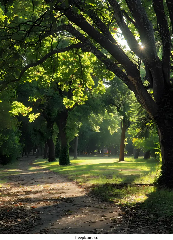 Sun shining through the trees in the forest