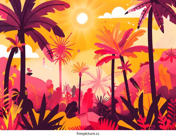 Tropical Jungle Illustration with Palm Trees and Bright Yellow Sun
