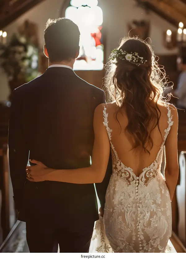 A bride and groom stand at the altar during their wedding ceremony