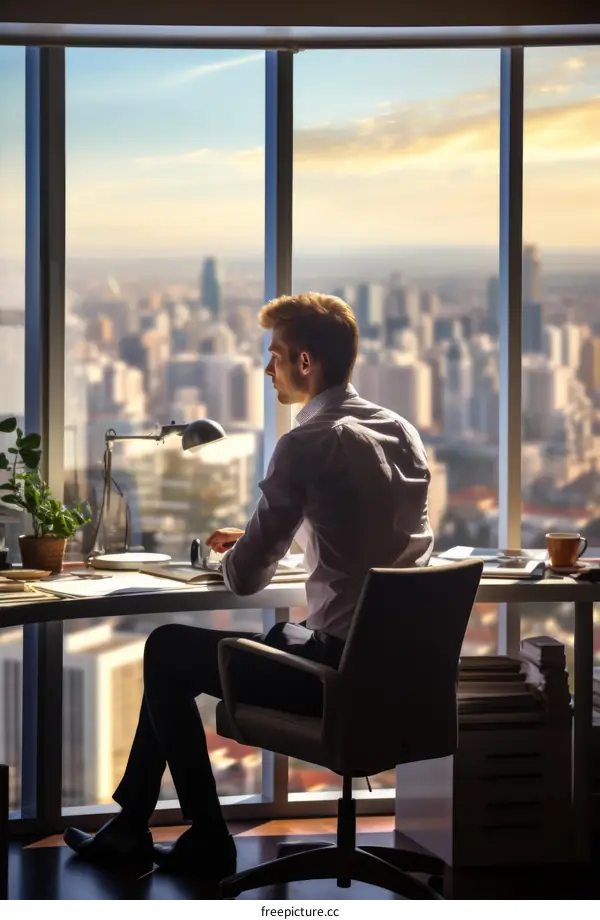 Businessman looking out of office window at cityscape thinking about new ideas for his startup company