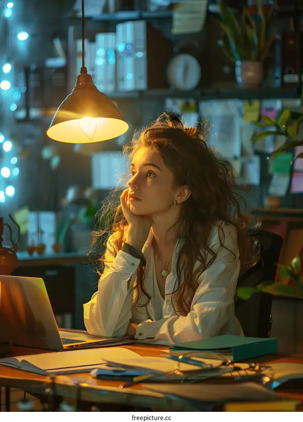 pensive young woman sitting at her desk and looking away thoughtfully