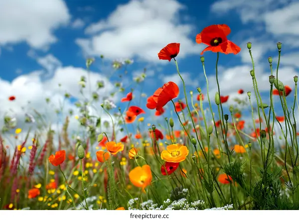Red Poppy Flowers Blooming in a Meadow on a Sunny Day