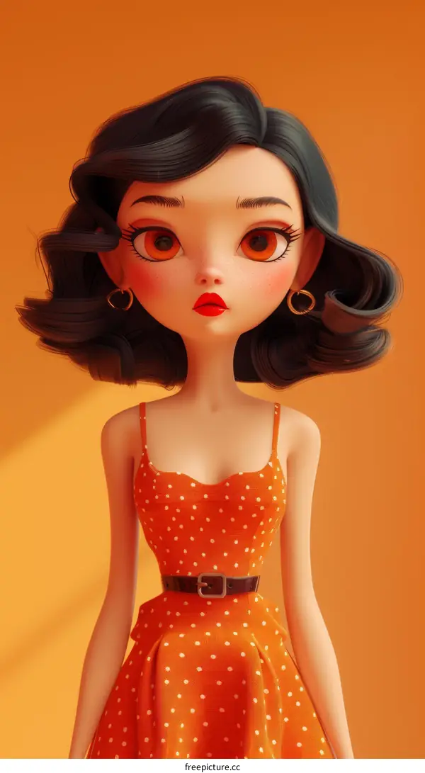 3D rendering of a young woman with short black hair and orange eyes wearing a polka dot dress