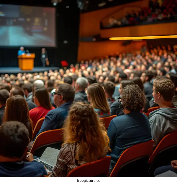 Audience listens to a speaker at a conference