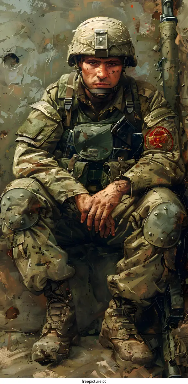 A soldier sits on the rubble of a war-torn city.