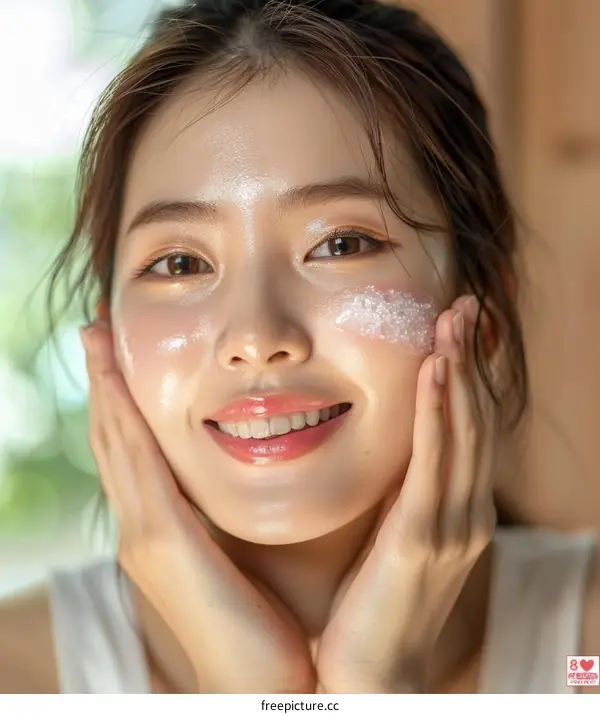 Asian woman applying facial cleanser