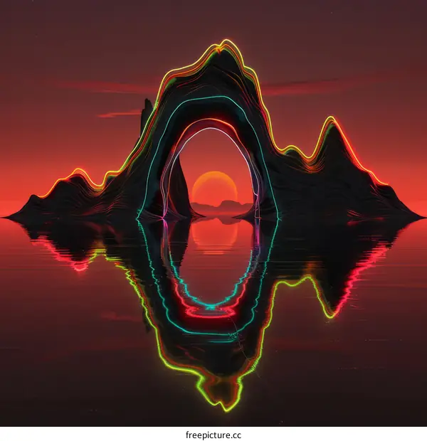 Cyberpunk Sunset Over Neon Mountains And Water