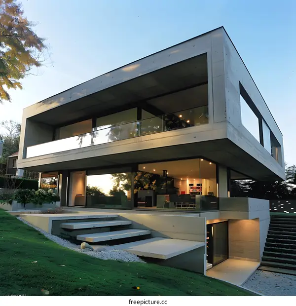 Modern Concrete House with Large Windows and Steps