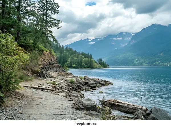 Scenic View of a Mountain Lake with Trees and Rocks