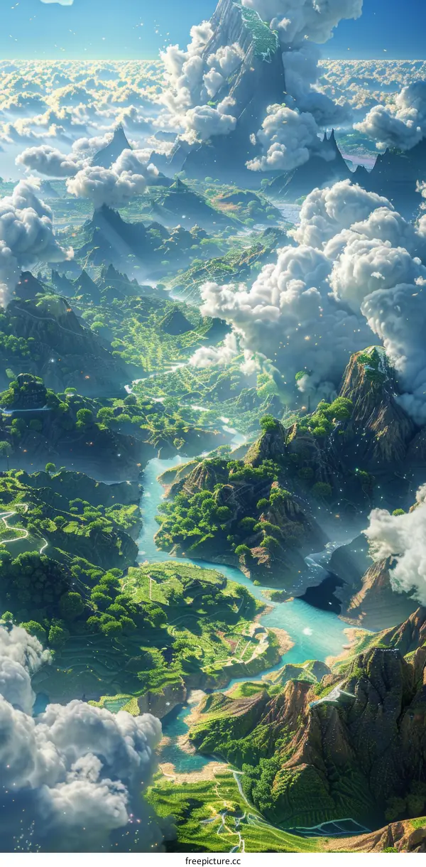 fantasy landscape with floating islands and a river running through the middle
