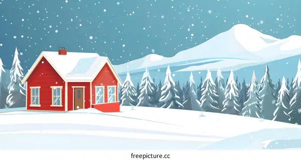Snowy Cabin Landscape With Pine Trees and Mountains Illustration
