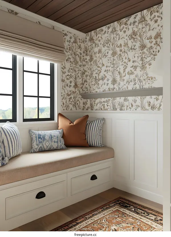 Window Seat With Floral Wallpaper And Pillows