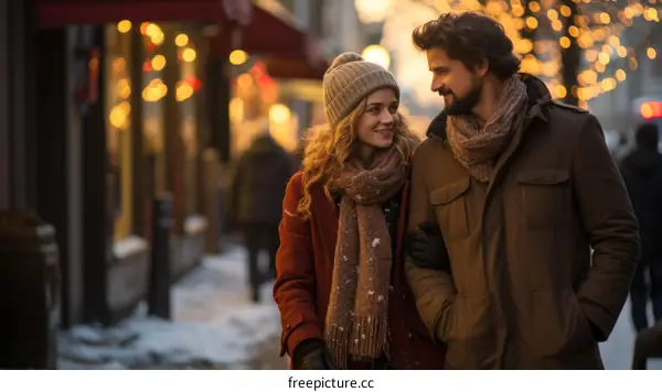A couple is walking down a snowy street at night.