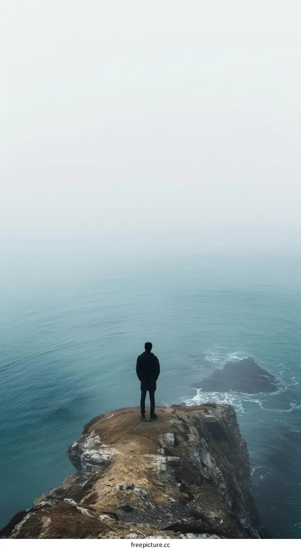 Man standing alone on a cliff overlooking a vast body of water