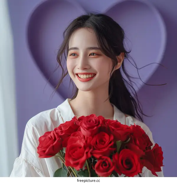 Asian woman holding a bouquet of red roses and smiling