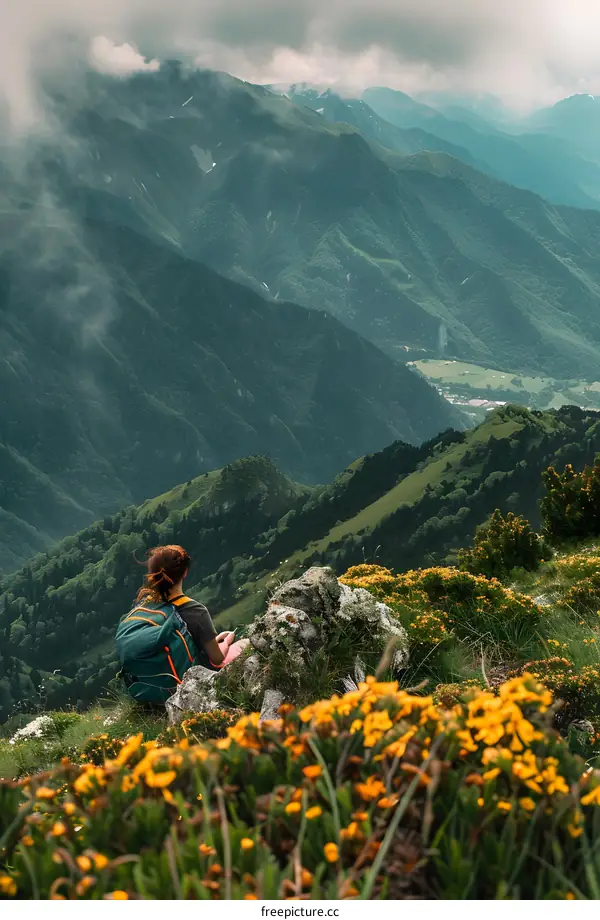 Woman Hiking in the Mountains with a View of the Valley
