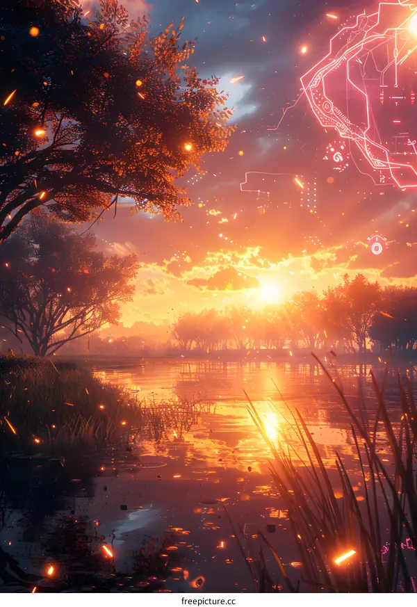 fantasy landscape with a glowing lake and a tree with a fiery crown