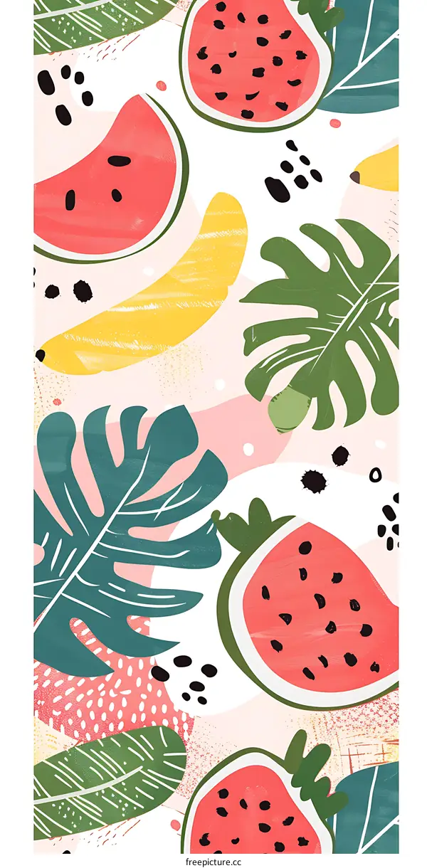 Watermelon, Banana and Tropical Leaves Summer Fruit Pattern