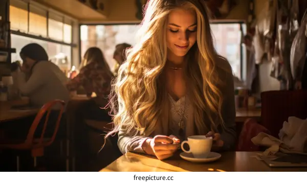 Blonde woman sitting in a cafe holding a coffee cup and smiling
