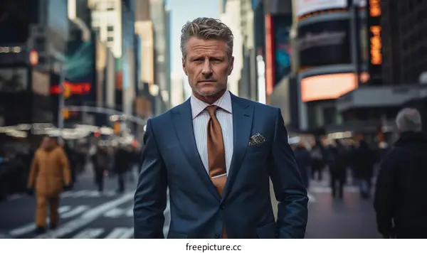 A man in a suit standing in the middle of a busy city street