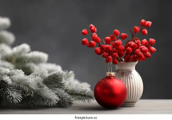 Christmas Decoration with Red Berries and Ornaments