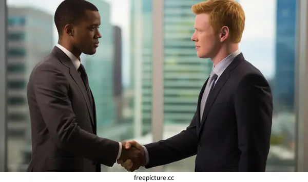 Businessmen of different ethnicities shaking hands in agreement