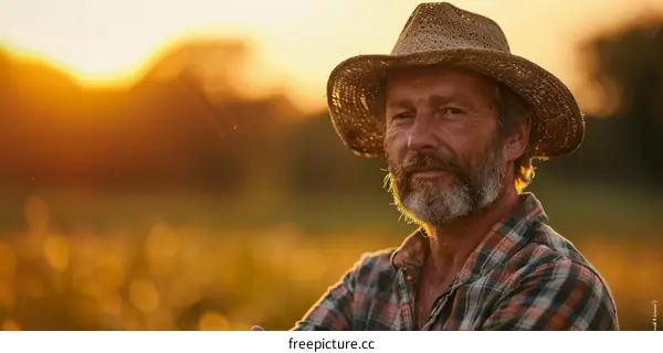 A farmer is standing in a field of wheat and looking at the camera.