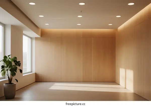 Modern and bright empty room with wooden walls and ceiling lights