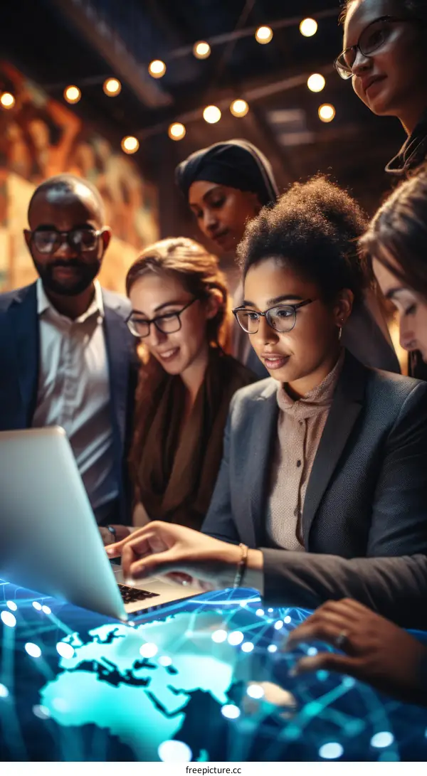 A group of people of different ethnicities are looking at a laptop screen. There is a globe on the table.